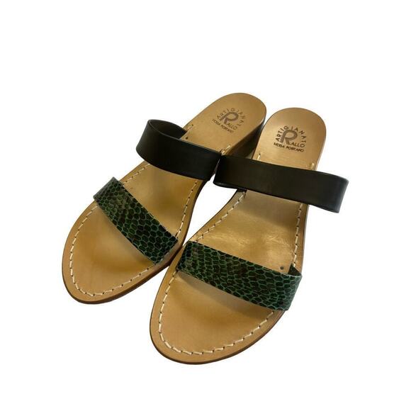 Artigianato Rallo black/green leather slides, 40/9, dust bag, vacation, holiday - Picture 1 of 7